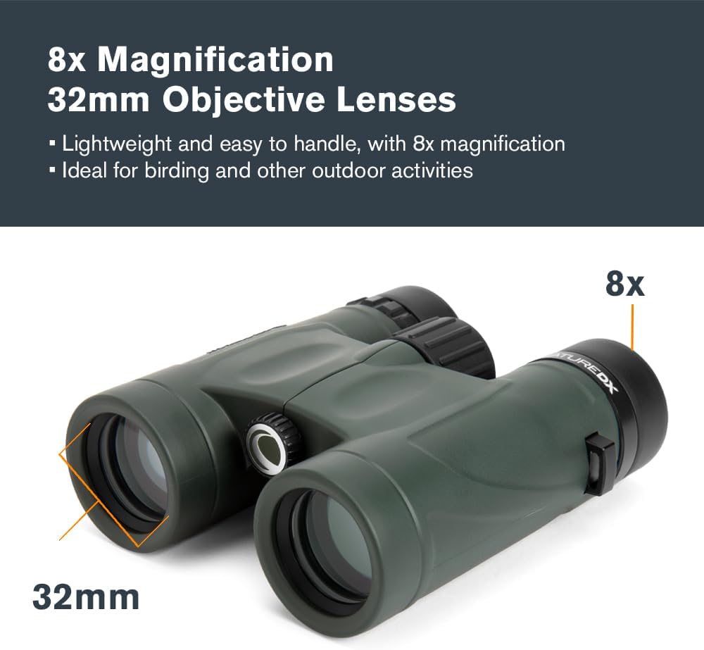 Celestron - Nature DX 8x32 Binoculars – Ideal for Birding and Outdoors – 32mm Objective Lenses – Wide 7.4° Field of View – BaK-4 Prisms – Fully Multi-Coated – Waterproof and Fogproof