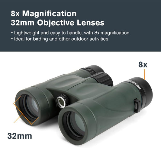 Celestron - Nature DX 8x32 Binoculars – Ideal for Birding and Outdoors – 32mm Objective Lenses – Wide 7.4° Field of View – BaK-4 Prisms – Fully Multi-Coated – Waterproof and Fogproof