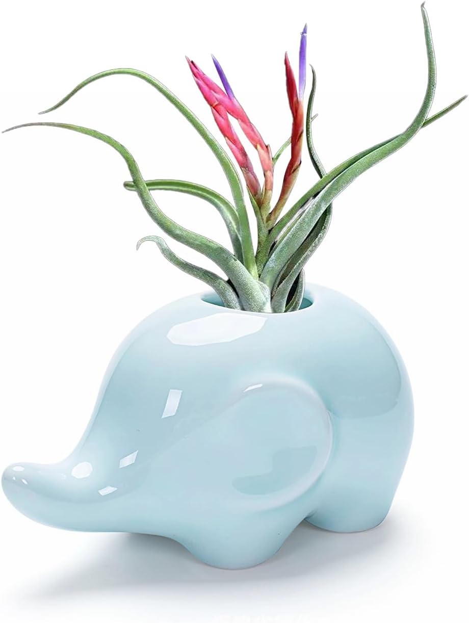 GeLive Cute Elephant Pen Pencil Holder Ceramic Desk Fidget Decor Organizer Mini Hydroponic Vase Small Air Plant Pot Succulent Planter Tabletop Craft Ornament Light Greenish Blue