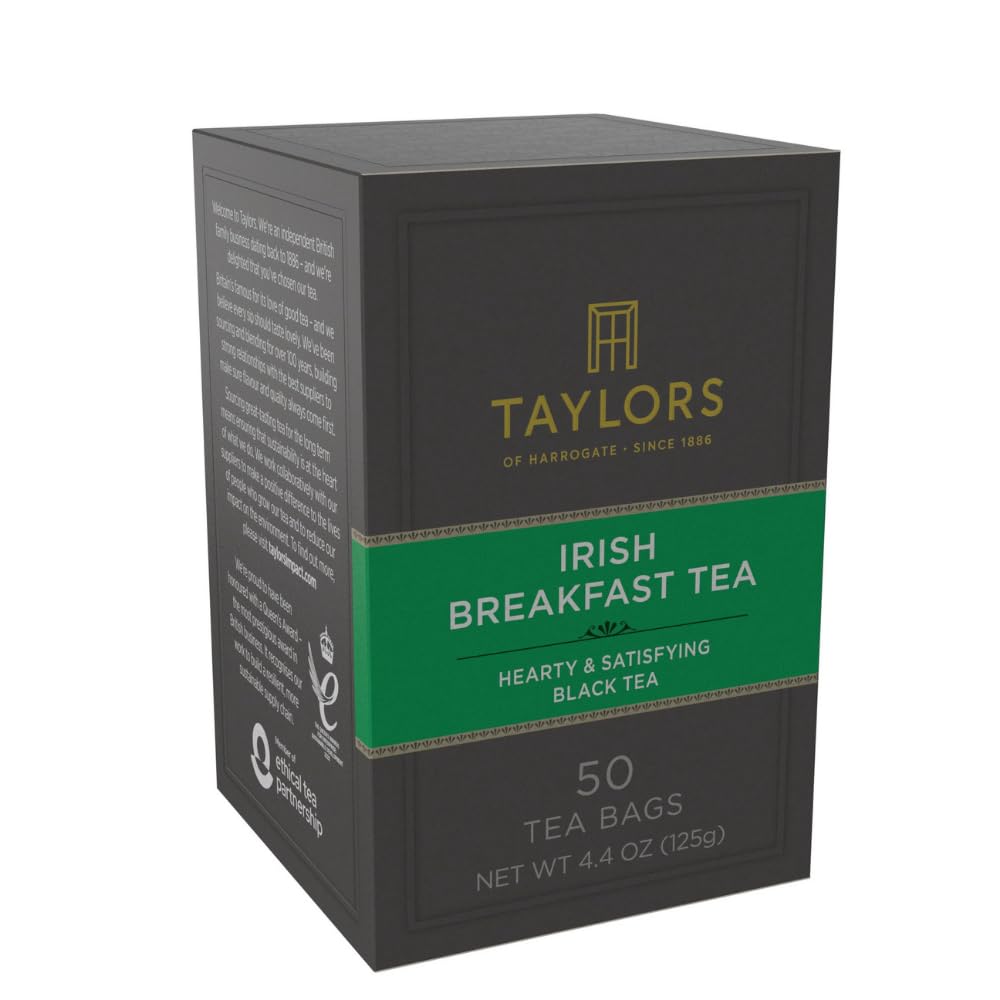 Taylors of Harrogate Irish Breakfast, Black Tea, Pillow Bags, 50 Count (Pack of 1), Rich, Bright & Malty, Caffeinated, Enjoy Hot or Iced, 50 Teabags