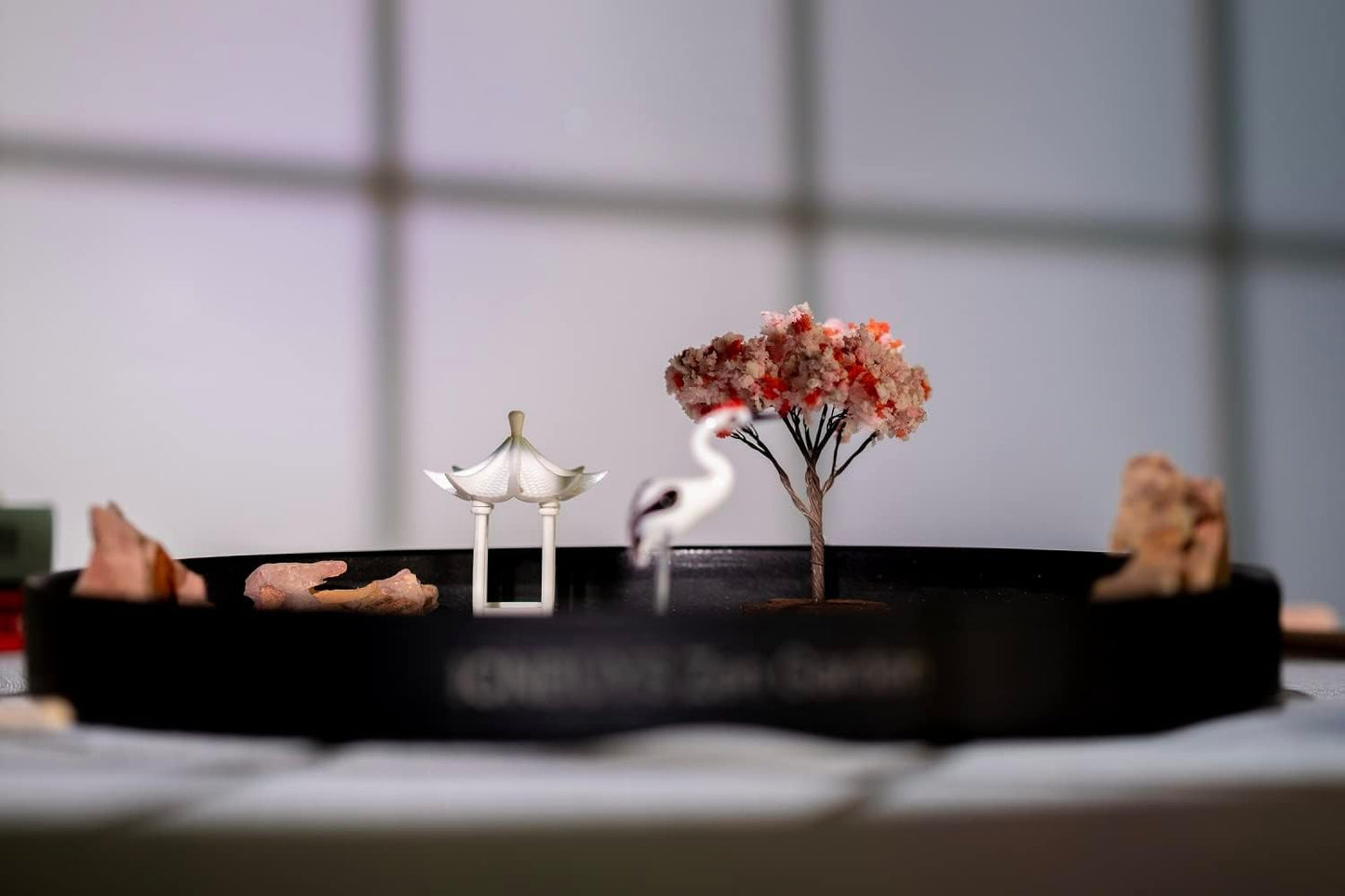 Zen Garden Crane, Pavilion and Sakura Set with Free Rakes and Pushing Sand Pen Base Tray Diameter 9.4 inches