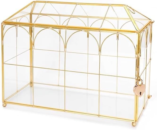 Golden Glass Lidded Box Decorative Jewelry Display Box Brass Clear Glass (Garden Gold with Lock, 10.3" L x 5.9" W x 8.3" H)…