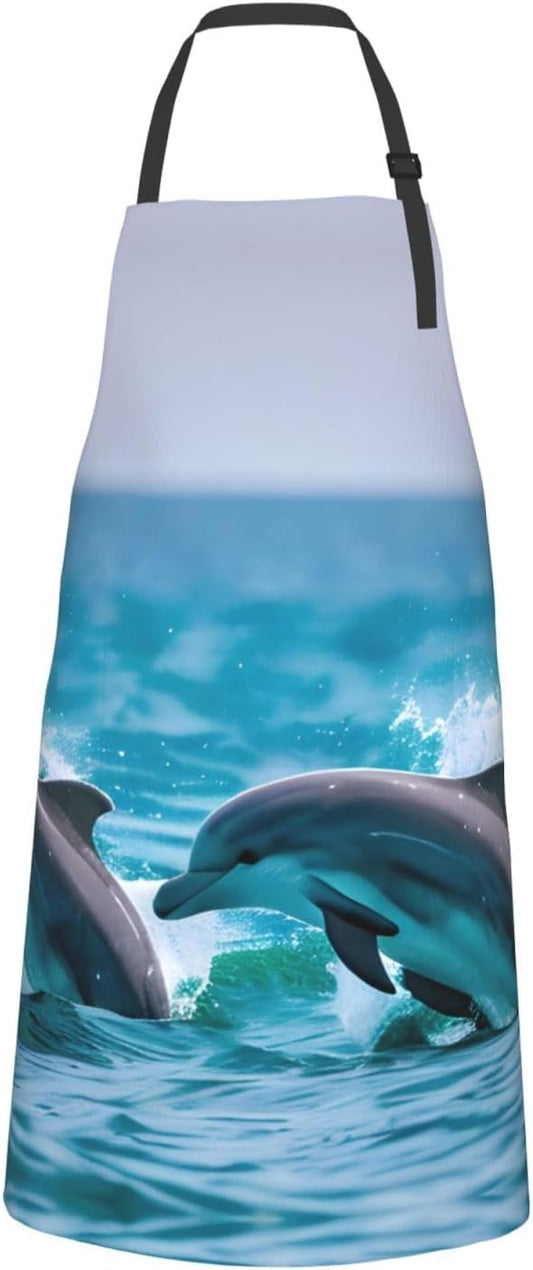 Dolphins in the sea print Waterproof chef's apron with pocket apron for kitchen cooking baking barbecue and gardening