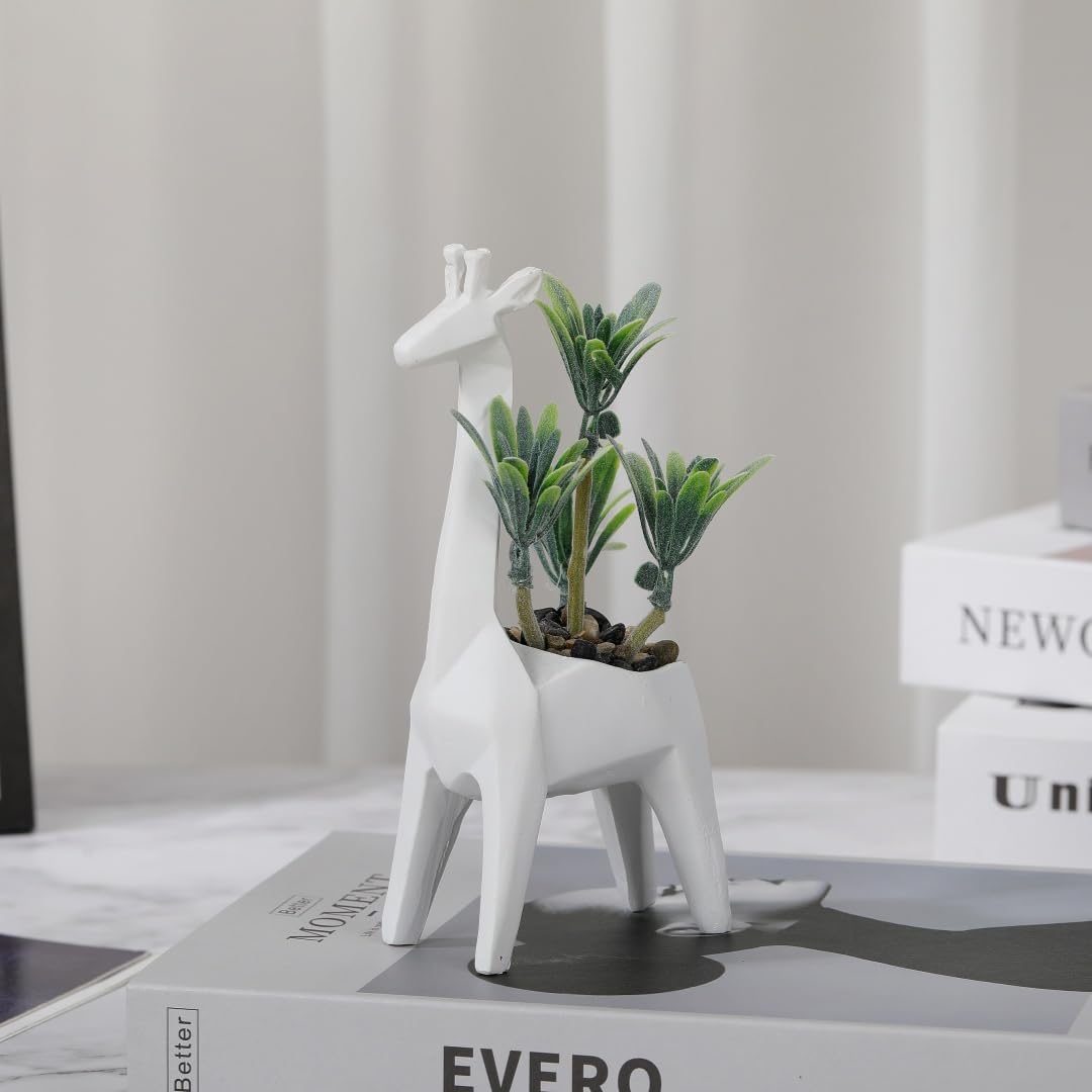 A beautiful minimalist geometric animal simulation potted plant sculpture. This is an ideal creative and unique decoration item, suitable for both home and office use. (White giraffe figurine)