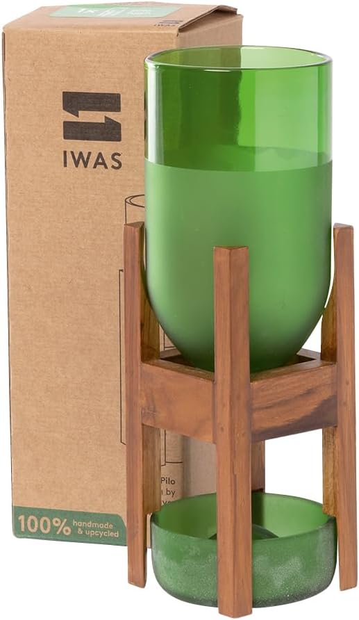 IWAS Upcycled Teak Wood Planter | Pilo High Green | 21.5 cm Height | Sustainable Indoor Plant Pot Stand with Teak Wood Base | Eco-Friendly & Handcrafted Home Décor