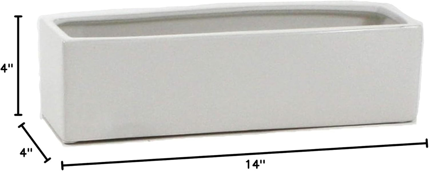 WGVI Long Rectangle Ceramic Planter Vase in White 14" x 4" x 4"H, Rectangular Box Block Terrarium Pot, Flower Arrangement, Tabletop Centerpiece, Home Decor Organization Storage Container, 1 Pc.
