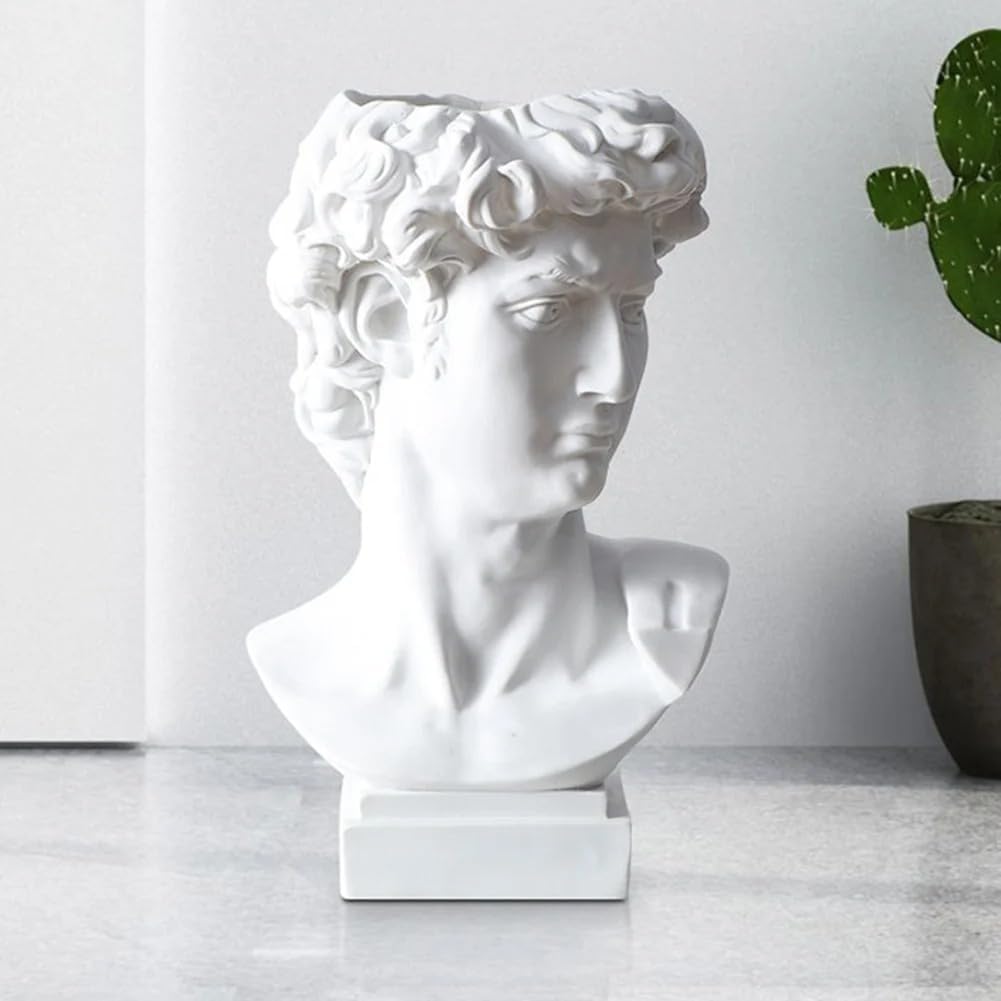 Queenbox 6.3x3.5in David Resin Bust Figurines Vase, Face Pot Heads Planter Container Holder, Classic Italy Art Statue Sculpture, White L
