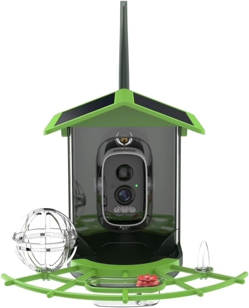 Bird Feeder with Camera, AI Birds Identification, Solar Powered, Live View, Instant Alerts, Capture Bird Videos, 2K HD Camera, Ideal Gift for Family and Enthusiasts (Green)