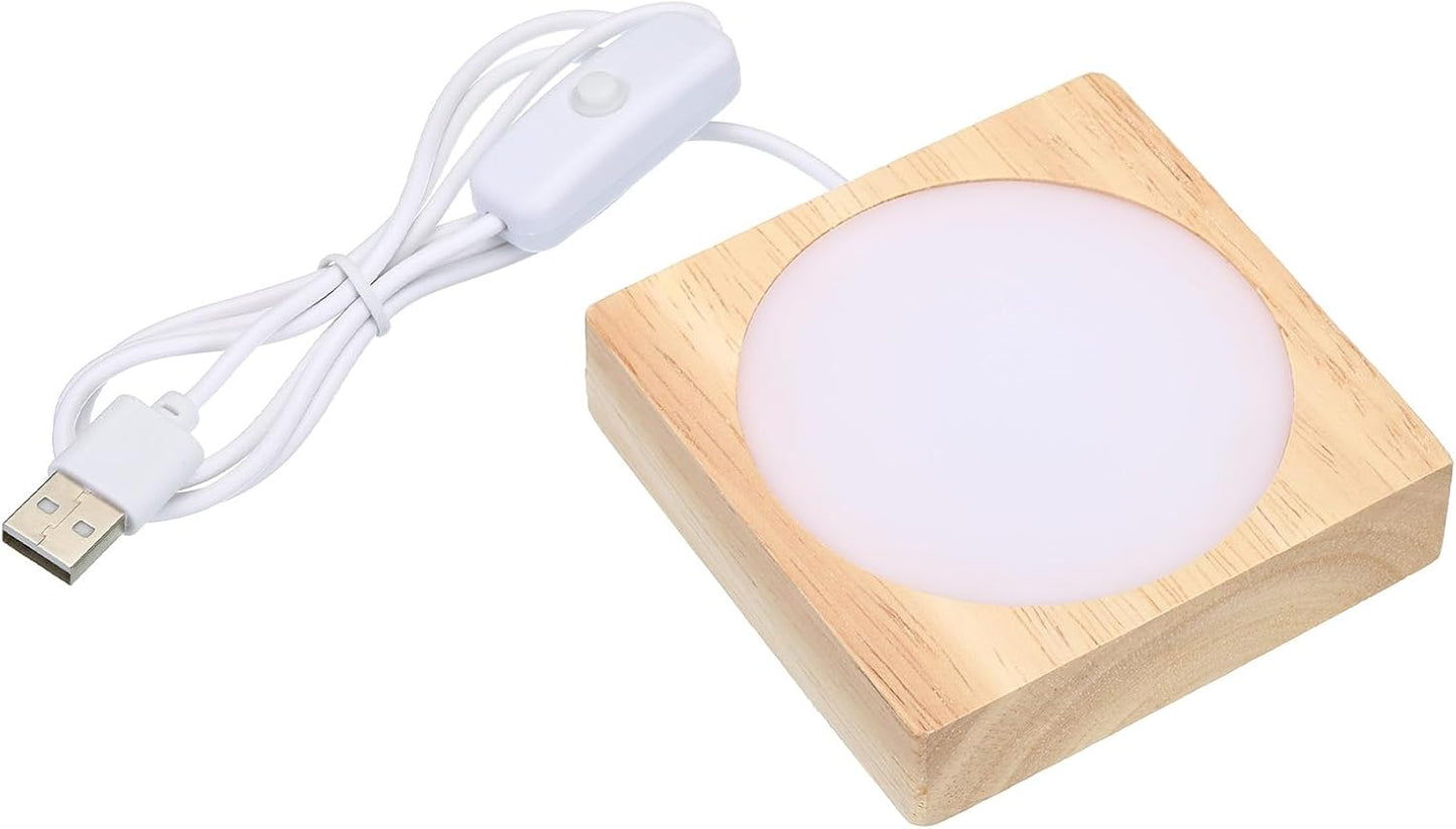 PATIKIL 3.2x3.2 Inch Wooden LED Light Base, Wood Light Display Base Stand Lighting with Switch for 3D Crystal Glass Aroma Stone Art, Warm White Light