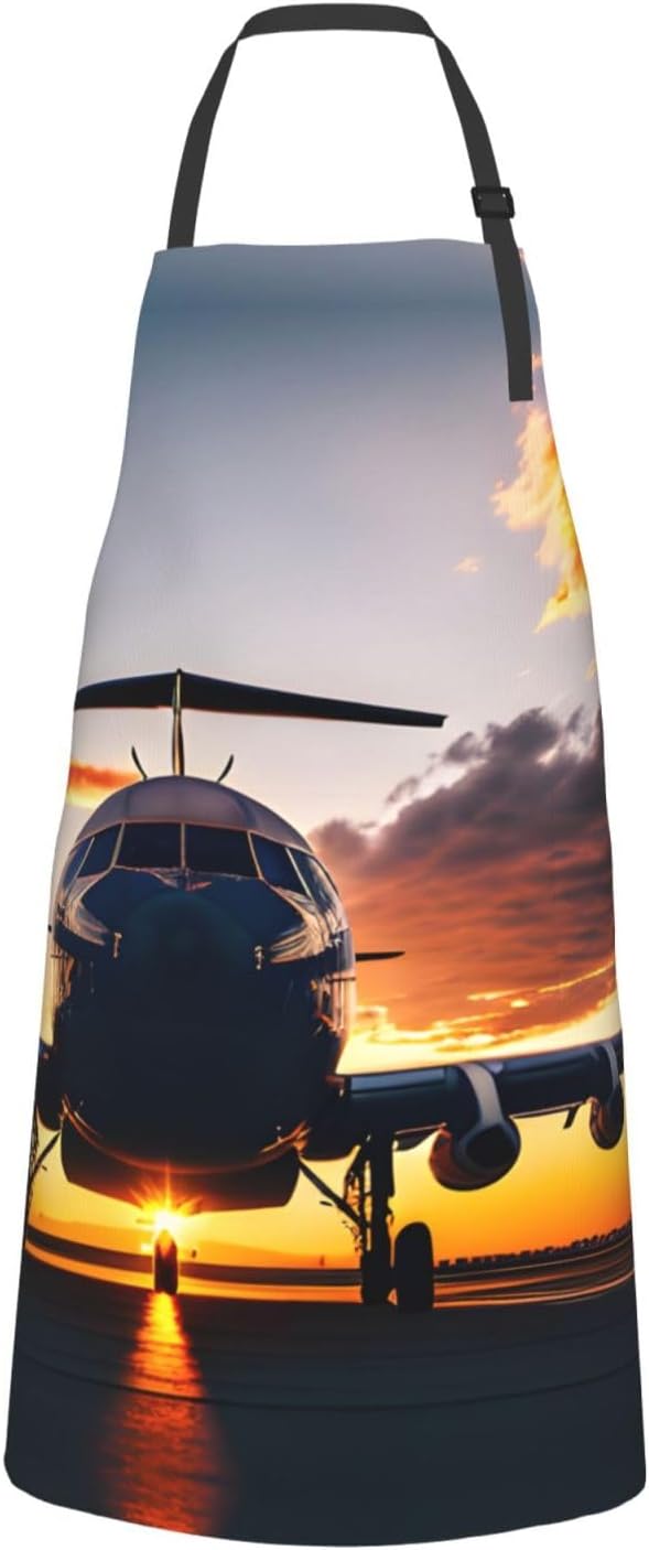 Aircraft Plane at Sunset Print Laundry apron 28x33 In Waterproof Kitchen Apron with Pockets for Cooking Baking