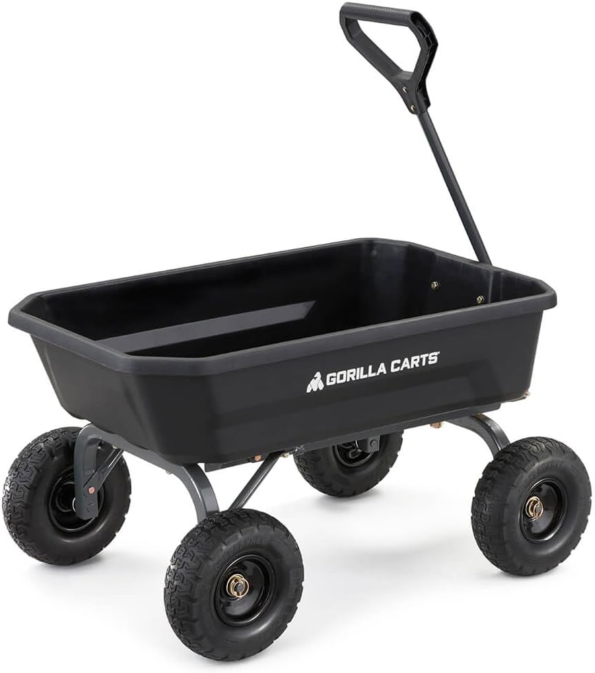 Gorilla Carts Heavy-Duty Dump Cart, Patented Quick-Release Dumping, Steel Frame, 600 lb Capacity, No-Flat 10-Inch Tires, Utility Wagon for Garden, Yard, Beach