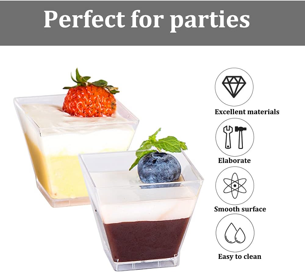 50Pcs Square Mini Plastic Dessert Cups,3.5Oz Clear Plastic Parfait Appetizer Cup for Desserts,Appetizers,Ice Cream