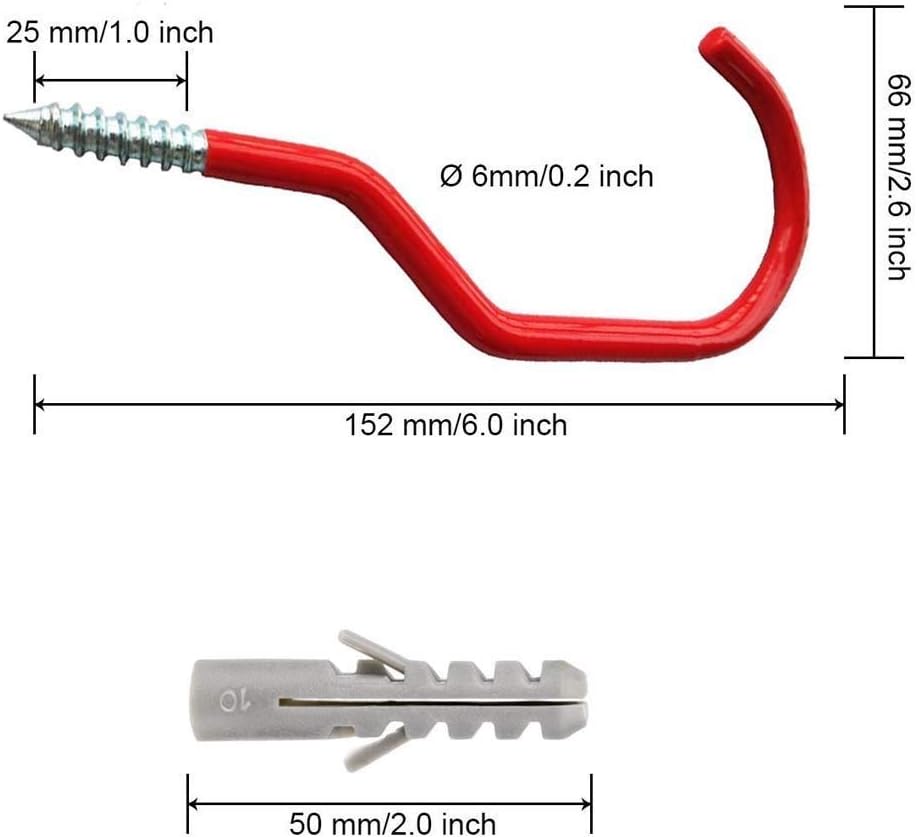 Bike Hooks Heavy Duty Bicycle Storage Hooks Set of 6,Screw-in Utility Storage Hangers Shed Garage Garden Hook Plastic Coated for Wall Mount/Ceiling Red