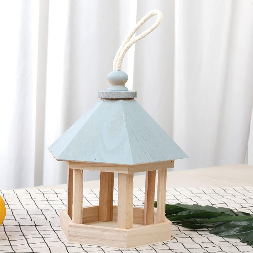 Bird Feeder, Wooden House Shape Hanging Feeding Station Hollow for Outdoor Garden Park Decoration with Hang Rope