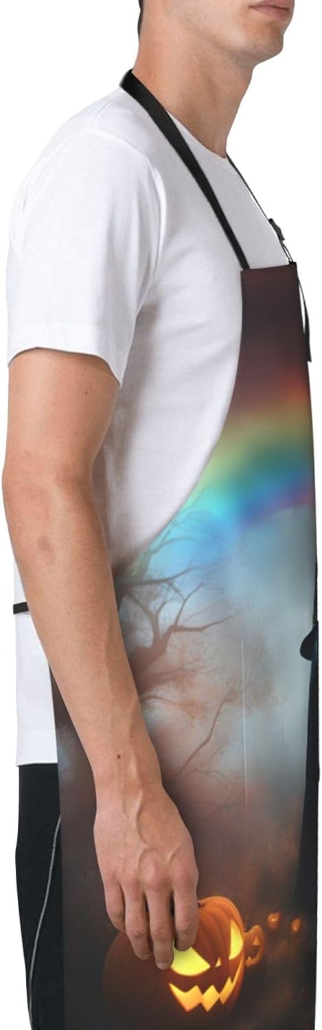 Rainbow Halloween Ghost Witch Hat Spiders Print 28x33 In Adult Kitchen Apron with Pockets Versatile Chef Smock for Cooking Baking