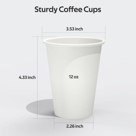 100 Count 12 oz Coffee Cups, Leak-Free Food Safe Paper Cups 12 oz, Disposable 12oz White Paper Cups for Cold and Hot Drinks