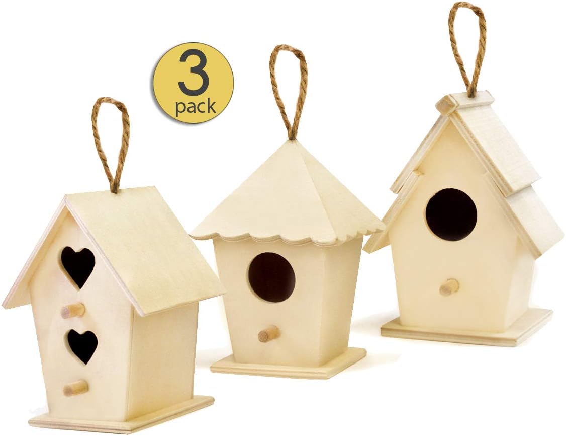 3 Pack Unfinished Wooden Bird Houses to Paint for Kids & Adults Mini Bird Feeder Houses to Decorate with Cord for Hanging Unpainted DIY Arts & Crafts Craft Bird Houses Approx 4.5" Tall