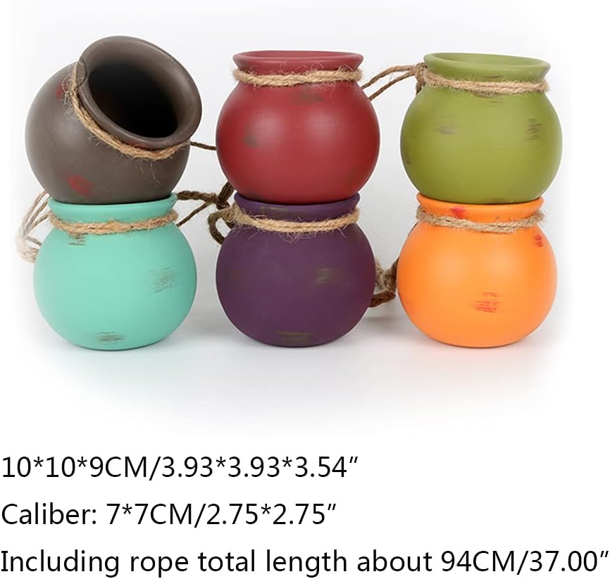 6 Pot Mixed Bright Rainbow-Color Hanging Ceramic Planter Set with Drain Hole Suitable for Succulent Flower Cactus Plant