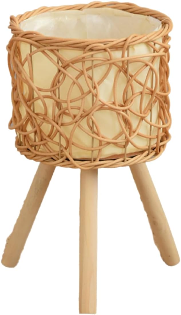 Rattan Plant Stand Stool with 3 Wood Legs Balcony Flower Pots Display Rack Planter Basket for Indoor and Outdoor Use(Original color mediu)