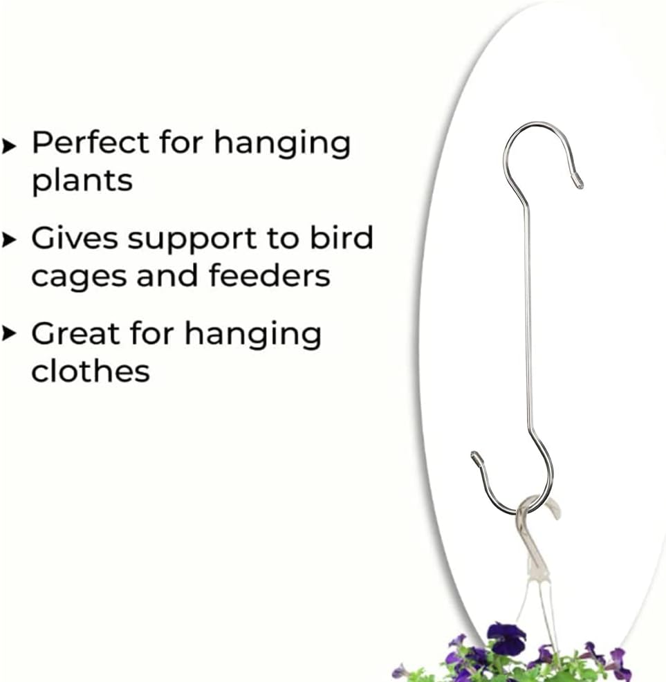 6 Pack Extra Large S Hooks for Hanging Plants, 16 Inch / 12 Inch Long Metal Heavy Duty S Hooks Silvery, Rust Resistant Extra Large Tree Branch Hook for Hanging Bird Feeders,