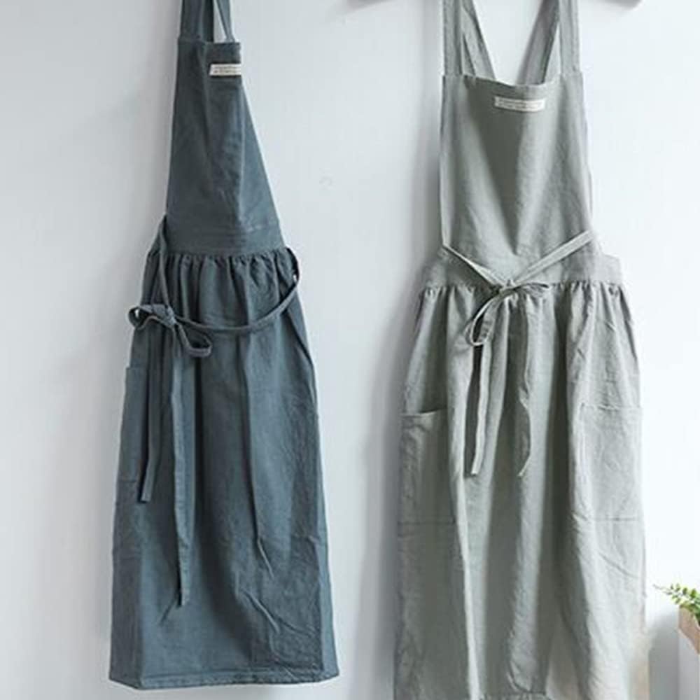 Cotton and linen Kitchen Cooking Aprons Dress for Women with Pockets C