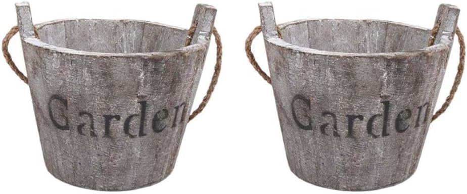 Hemoton Wooden Barrel Planter 2Pcs Set Rustic Bucket Flower Pot Decoration with Handle for Indoor Outdoor Succulent Plants