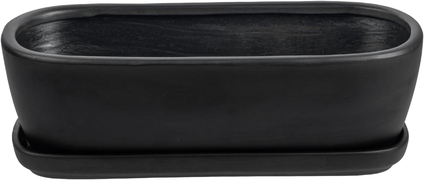 MyGift 14 Inch Oval Modern Matte Black Ceramic Succulent Planter Pot w