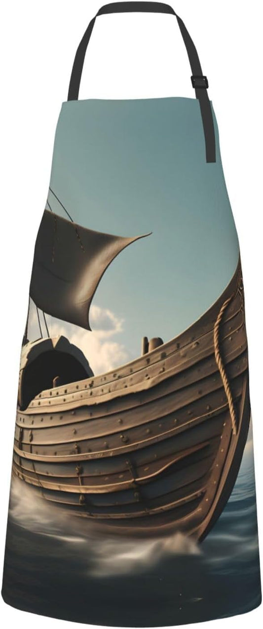 Old Viking Boat Print 28x33 In Adult Kitchen Apron with Pockets Versat