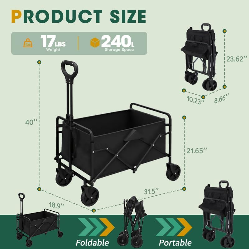 Collapsible Wagon with Wheels, 370lbs Weight Capacity Foldable Beach Wagon with Flexible Handle Portable Utility Wagon Cart for Outdoor, Grocery, Garden, Camping