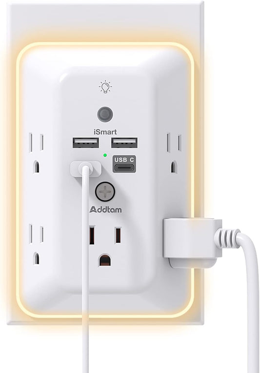 Surge Protector, Outlet Extender with Night Light, Addtam 5-Outlet Spl
