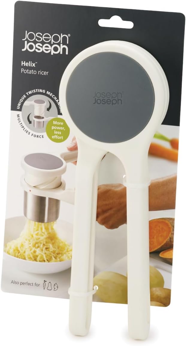 Joseph Joseph Helix Potato Ricer Masher Ergonomic Twist-Action Hand Manual Stainless Steel For Mashed Potato, Vegetable Purees, Stainless Steel, White