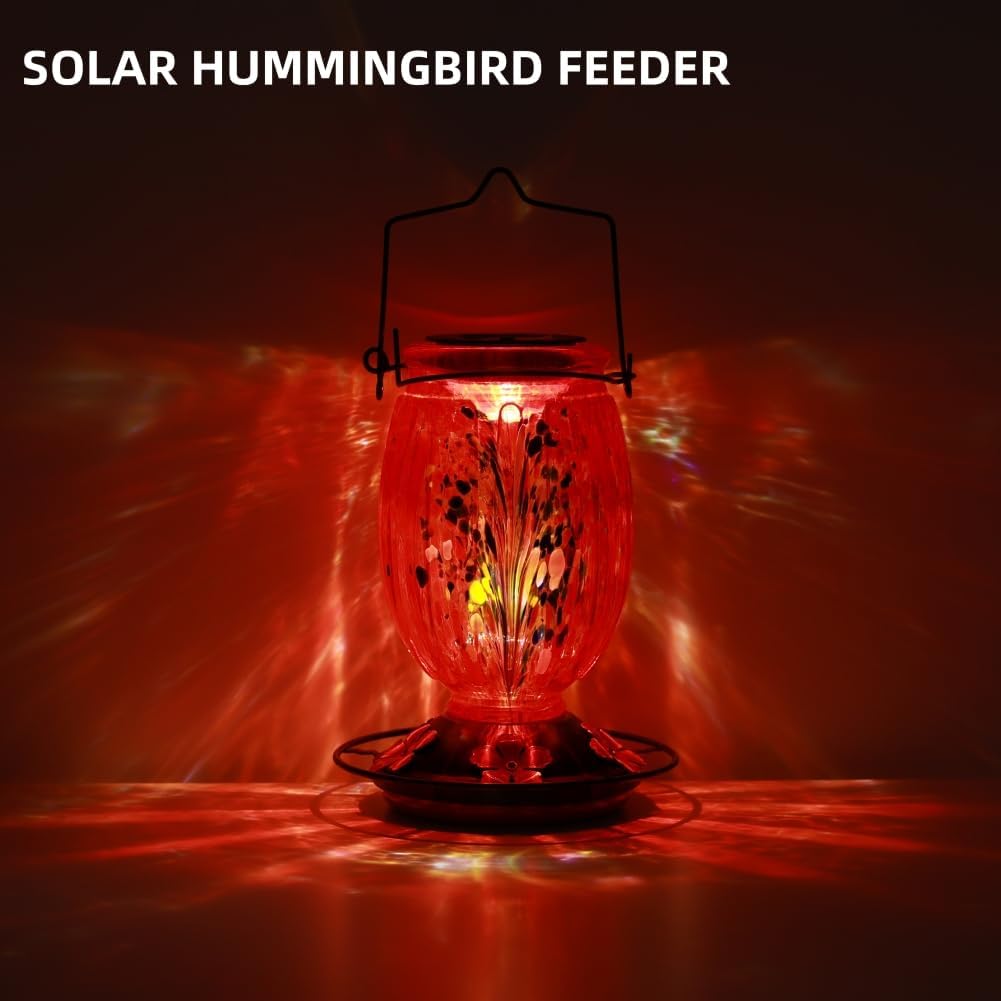 Solar Hummingbird Feeder for Outdoors Hanging Patio Designed 32 Ounces Colorful Hand Blown Glass Hummingbird Feeder 5 Feeding Ports with Perch Never Leak (Red)