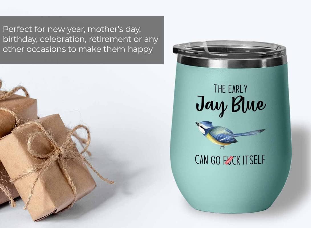Bird Lover Teal Edition Wine Tumbler 12oz - Early jay blue go - Hummingbird Nest Cage Parrot Dad Gardening Outdoor Birdwatcher Feeder
