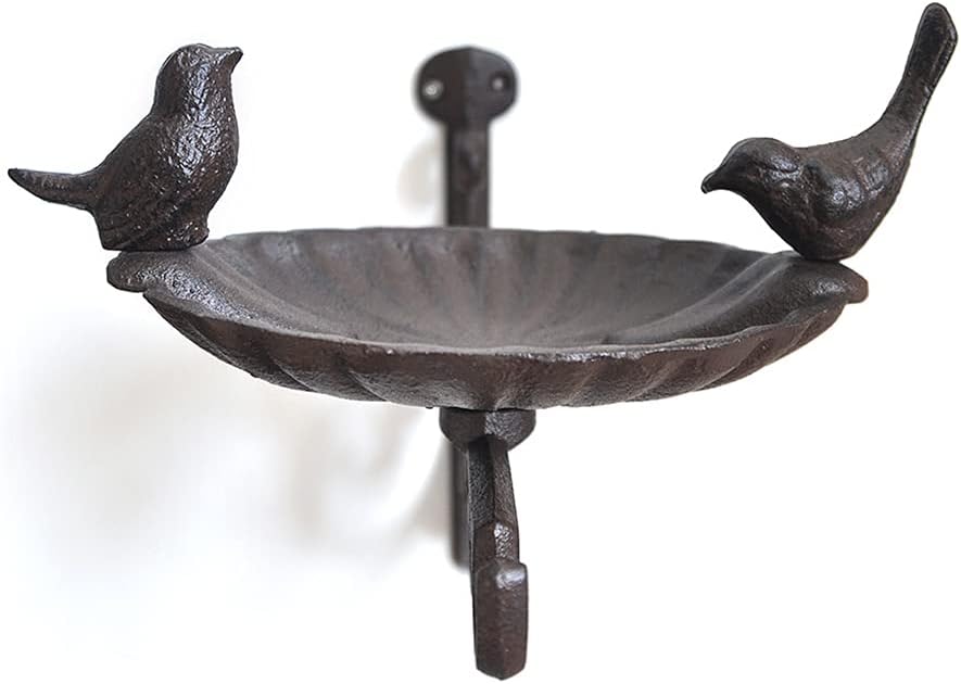 Bird Bath Cast Iron Bird Feeder with 2 Birds Decoration Frost Proof Wild Birds Water Bowl Wall Mount with Hook