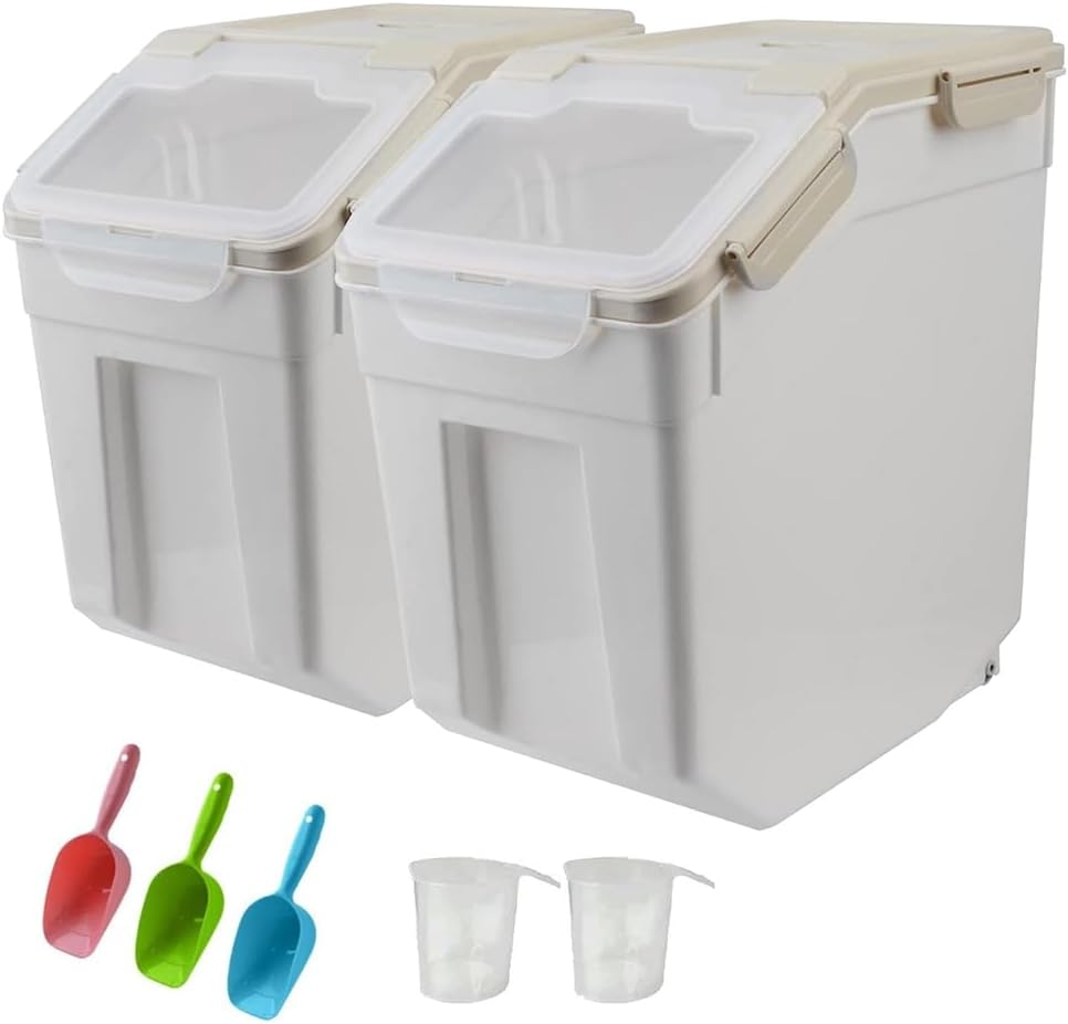 YXQ 25LB Large Flour Storage Container Bin ,2 Pack Airtight Plastic with Wheels Seal Locking Lid Dispenser Organizer Storage Bin with Measuring Cup & Scoop for Flour, Rice, Grain 50LBS Total