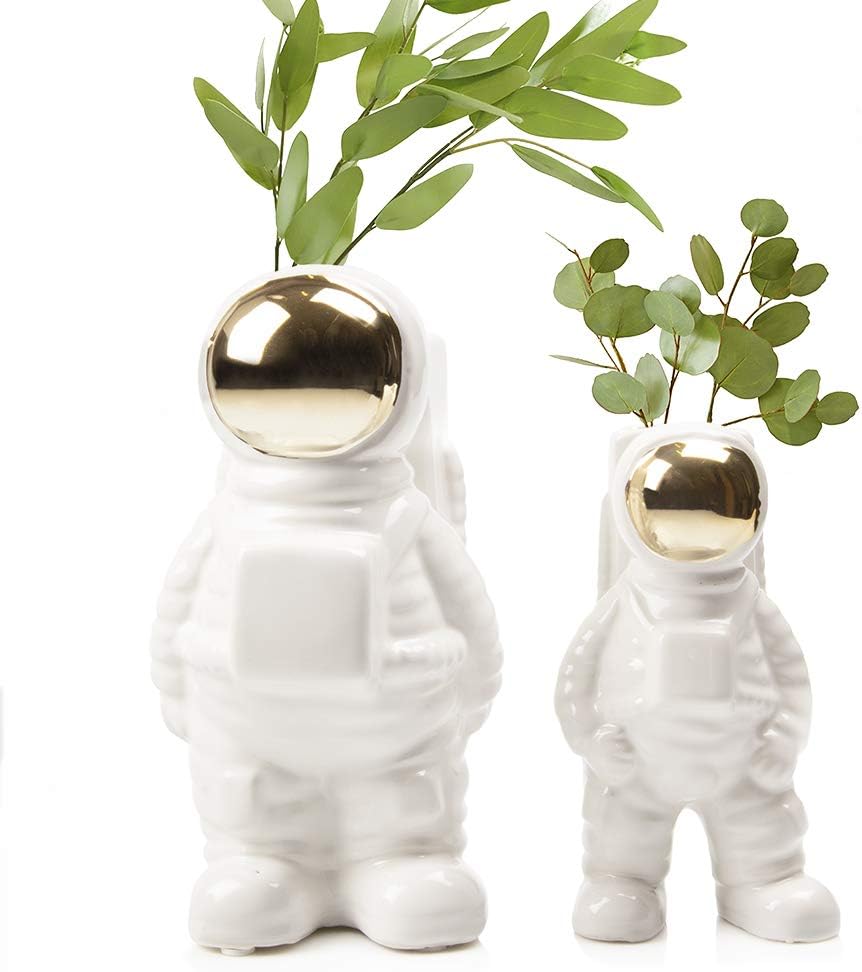CHIVE - Astronaut Shape Vase, Planter Simple Modern Flower Bud Vase, White and Gold (Medium)