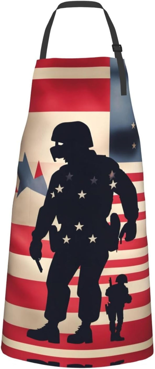 US Military Soldiers Patriotic Memorial Day Print Laundry apron 28x33 In Waterproof Kitchen Apron with Pockets for Cooking Baking