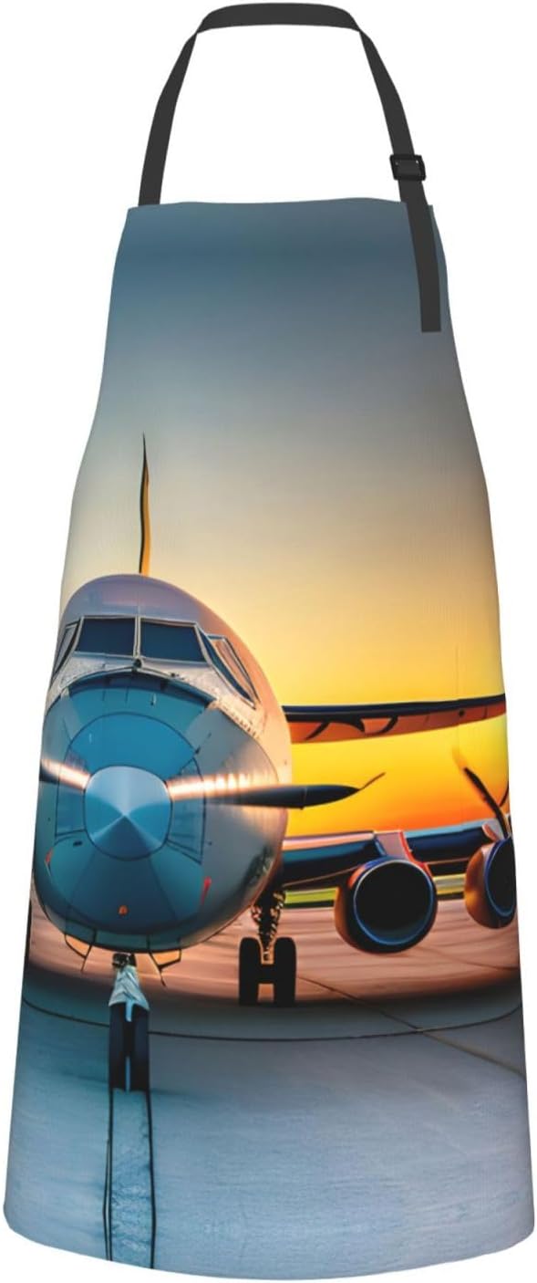 Aircraft Plane at Sunsets Print Laundry apron 28x33 In Waterproof Kitchen Apron with Pockets for Cooking Baking