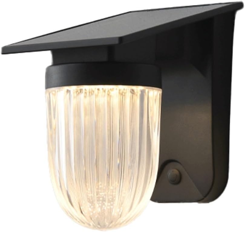 Solar Wall Light, Outdoor Wall Sconce, Wall Lamp, IP65 Black ABS PC with Ribbed Shade, Rechargeable 3 Color LED for Garden Porch Deck Fence Villa Backyard Entryway Gate Home Cottage