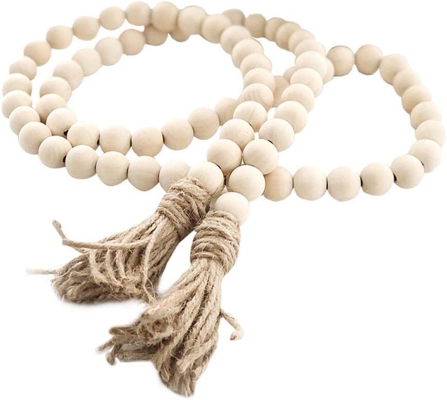 Farmhouse Beads 58in Wood Bead Boho Tassel Garland - Rustic Country Boho Chic Decor for Wall, Above Cabinet & Table