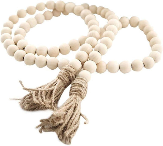 Farmhouse Beads 58in Wood Bead Boho Tassel Garland - Rustic Country Boho Chic Decor for Wall, Above Cabinet & Table