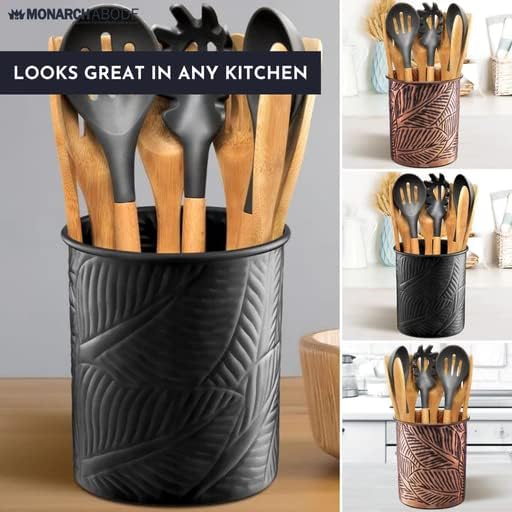 Monarch Abode Kitchen Utensil Holder – Floral Embossed Metal Black Ute