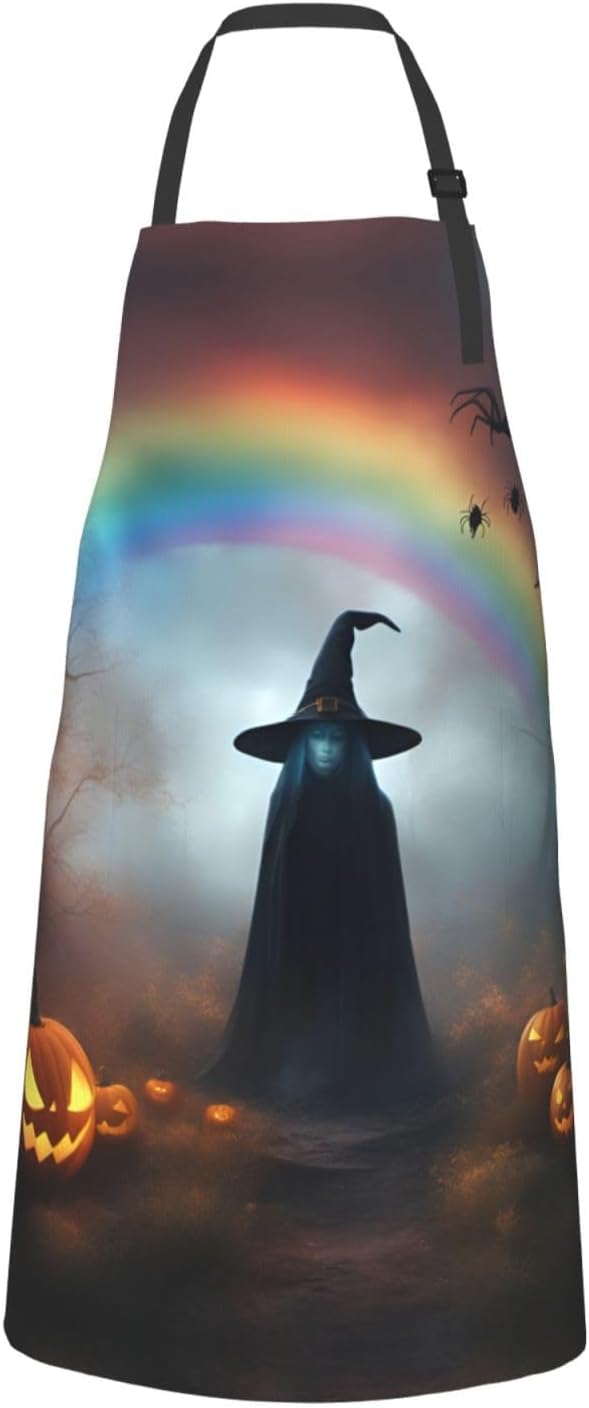 Rainbow Halloween Ghost Witch Hat Spiders print Waterproof chef's apron with pocket apron for kitchen cooking baking barbecue and gardening