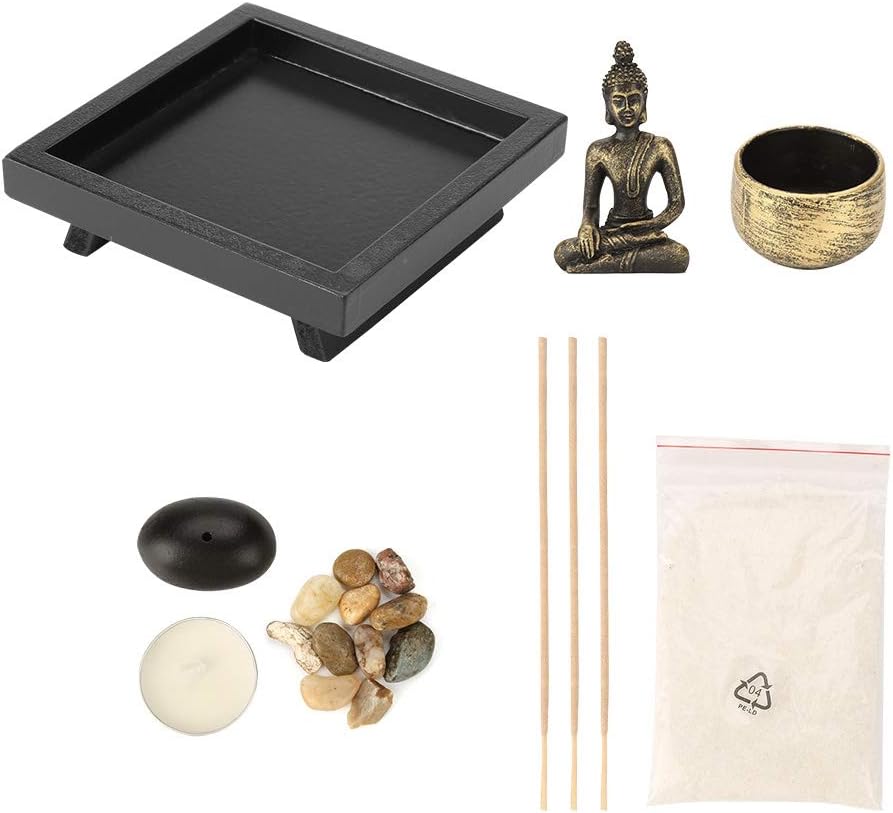 Desktop Zen Garden Kit, Mini Buddha Statue Tealight Candle Holder Ornament for Yoga Meditation Home Table Decor Gift