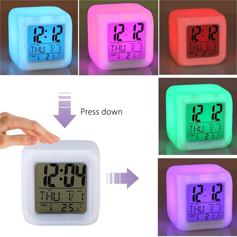 7 Colors LED Alarm Clock Digital Thermometer Alarm Clock Night Light for Kids Bedroom Home Decor Black Cat on Planters Pot