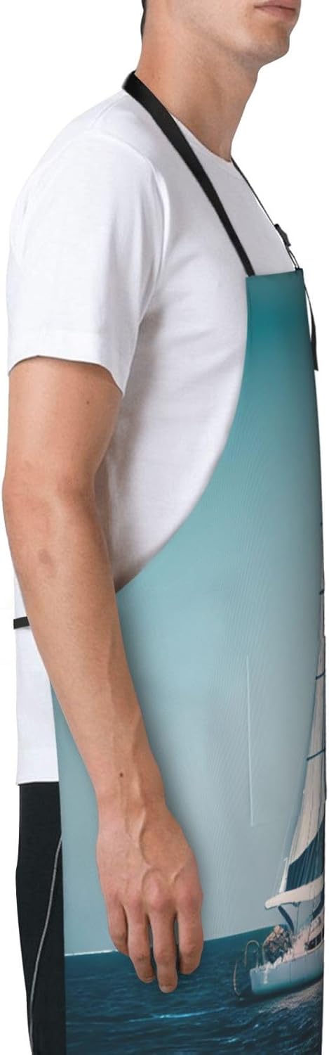 Sailboat Ship Landscape print Waterproof chef's apron with pocket apron for kitchen cooking baking barbecue and gardening