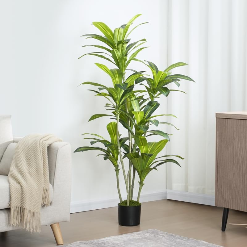 5’ (150 cm) Dracaena Artificial Tree with Small Black Pot & Moss – Realistic Natural Look, Maintenance-Free Indoor & Outdoor Plant for Home, Office, Balcony & Patio