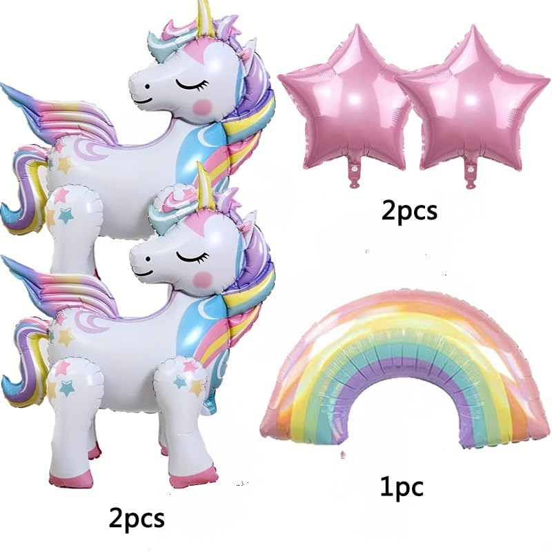 5 Pcs Self Standing Unicorn Balloons - 3D Rainbow and Star Foil Balloons for Birthday Party Decorations and Supplies