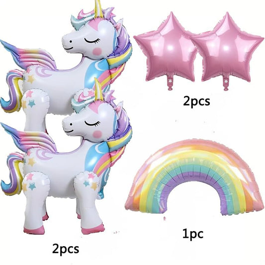 5 Pcs Self Standing Unicorn Balloons - 3D Rainbow and Star Foil Balloons for Birthday Party Decorations and Supplies