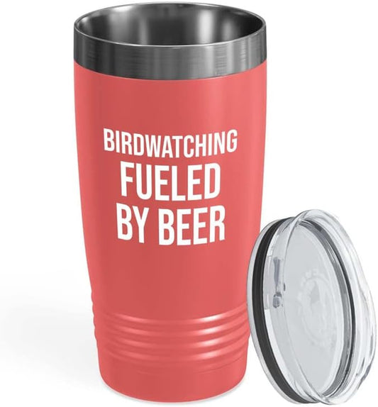 Hobby Beer Lover Coral Tumbler 20oz - birdwatching fueled by beer - Bird Feeder Backyard Birdwatcher Gifts Birding Bird Lover